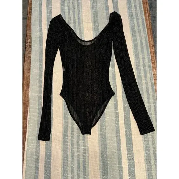 Zara size small bodysuit, sheer, black and gold metallic. - Picture 7 of 7